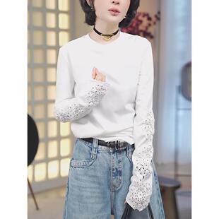 感和修身 2026新风格 剪裁钩针绣花上衣0321z 长袖 春夏白色t恤女式
