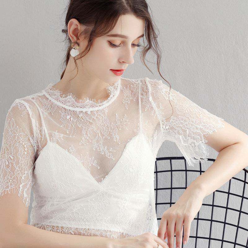 春夏白色蕾丝打底衫女短袖内搭纱衣防晒罩衫半袖洋气网纱上0301z