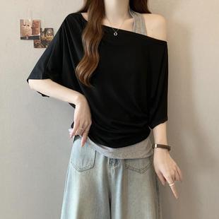 微胖MM设计感宽松露肩0622z 大码 法式 斜肩挂脖假两件短袖 T恤女夏季