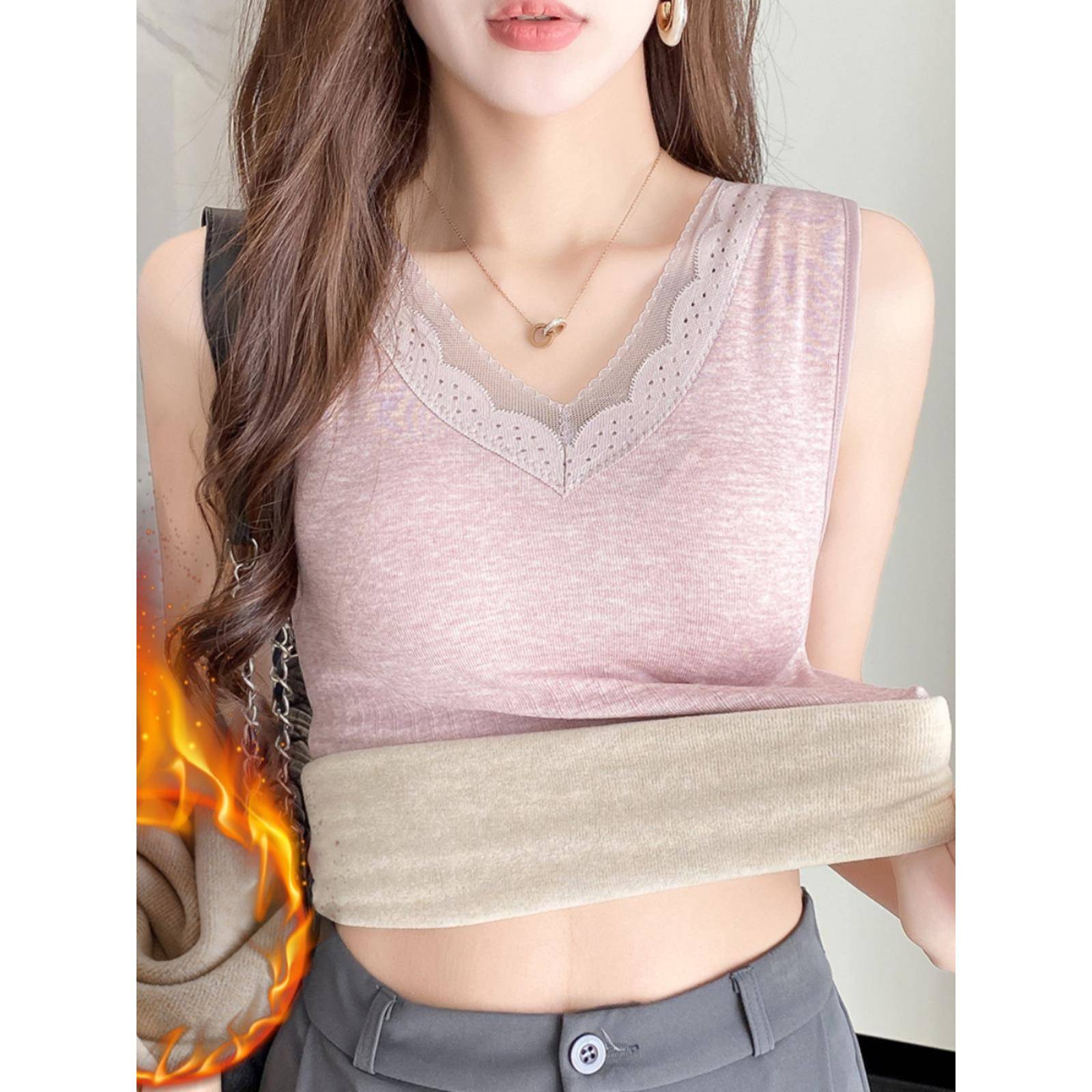 带胸垫保暖内衣女秋冬季加绒加厚背心蕾丝花边弹内搭上衣1202r