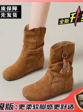 秋冬高档女短靴小个子内增高勃肯2025新款褶皱堆堆短筒西部1226k