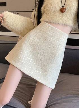 白色亮片半身裙季小个子高腰半裙A字包臀止步短裙0107k