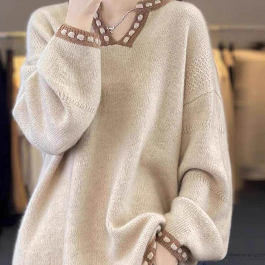 秋冬百搭女针织衫青岛加厚衫V领打底毛衣宽松慵懒风针织1018k