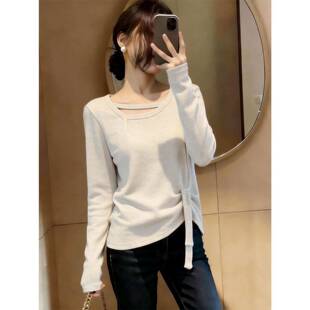 0325z 气质打底衫 春夏圆领不规则褶皱收腰T恤女大码 胖妹妹休闲时尚