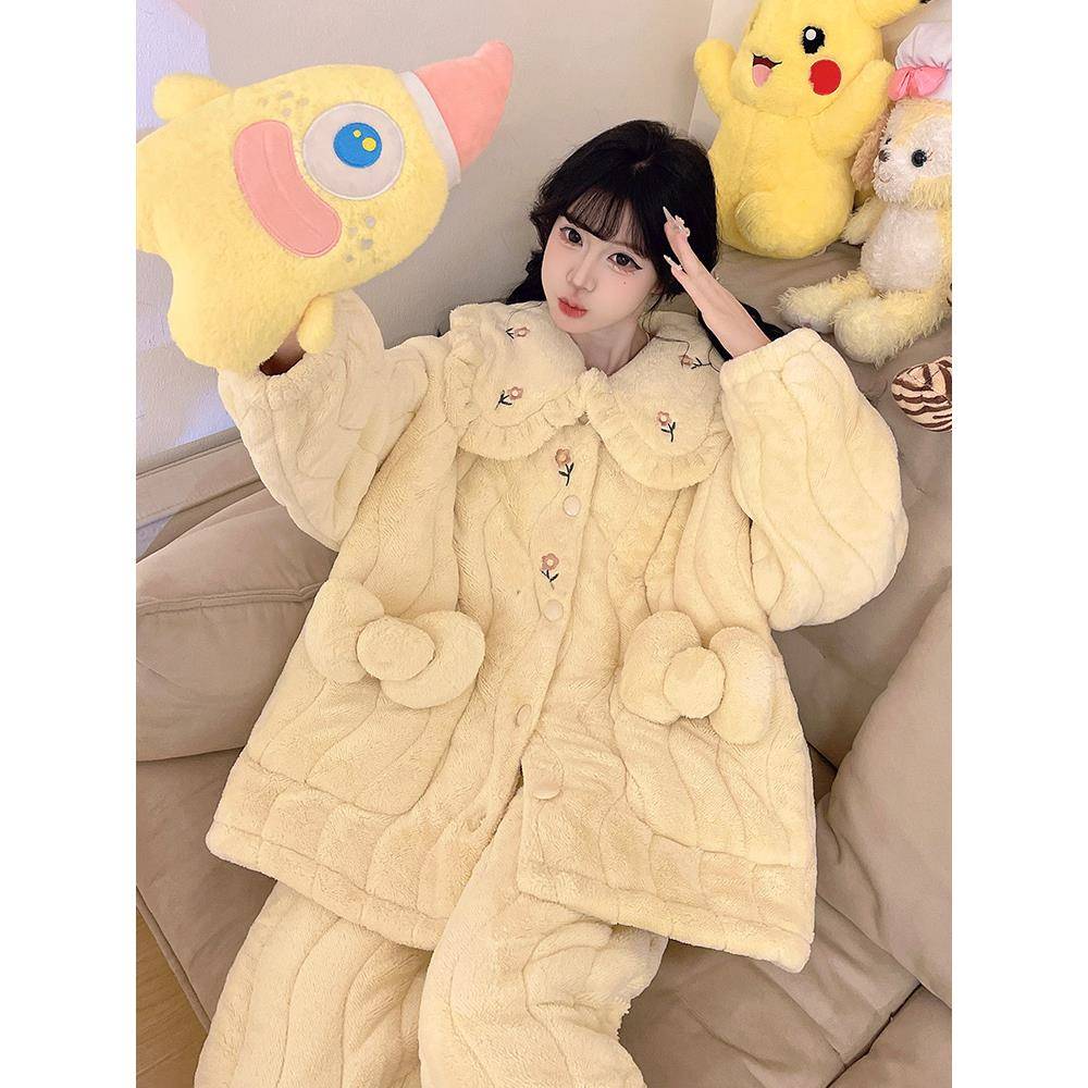 冬季睡衣女珊瑚绒2025新款冬季三层夹袄加绒加厚家居服套装1213w