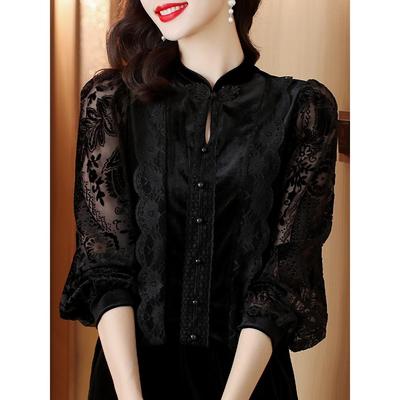 秋冬黑色植绒打底衫女士内搭2025新款盘扣蕾丝小衫金丝绒T恤1010z