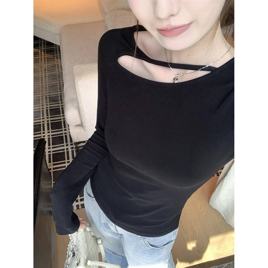 秋冬单不规则领纯欲T恤女长袖感打底衫甜辣气质显瘦上衣1208z
