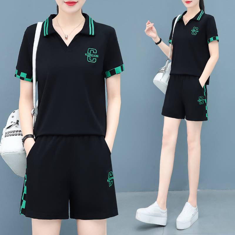冰丝短袖套装女黑色短袖短裤套装女夏季2023新款宽松冰丝pol0710k