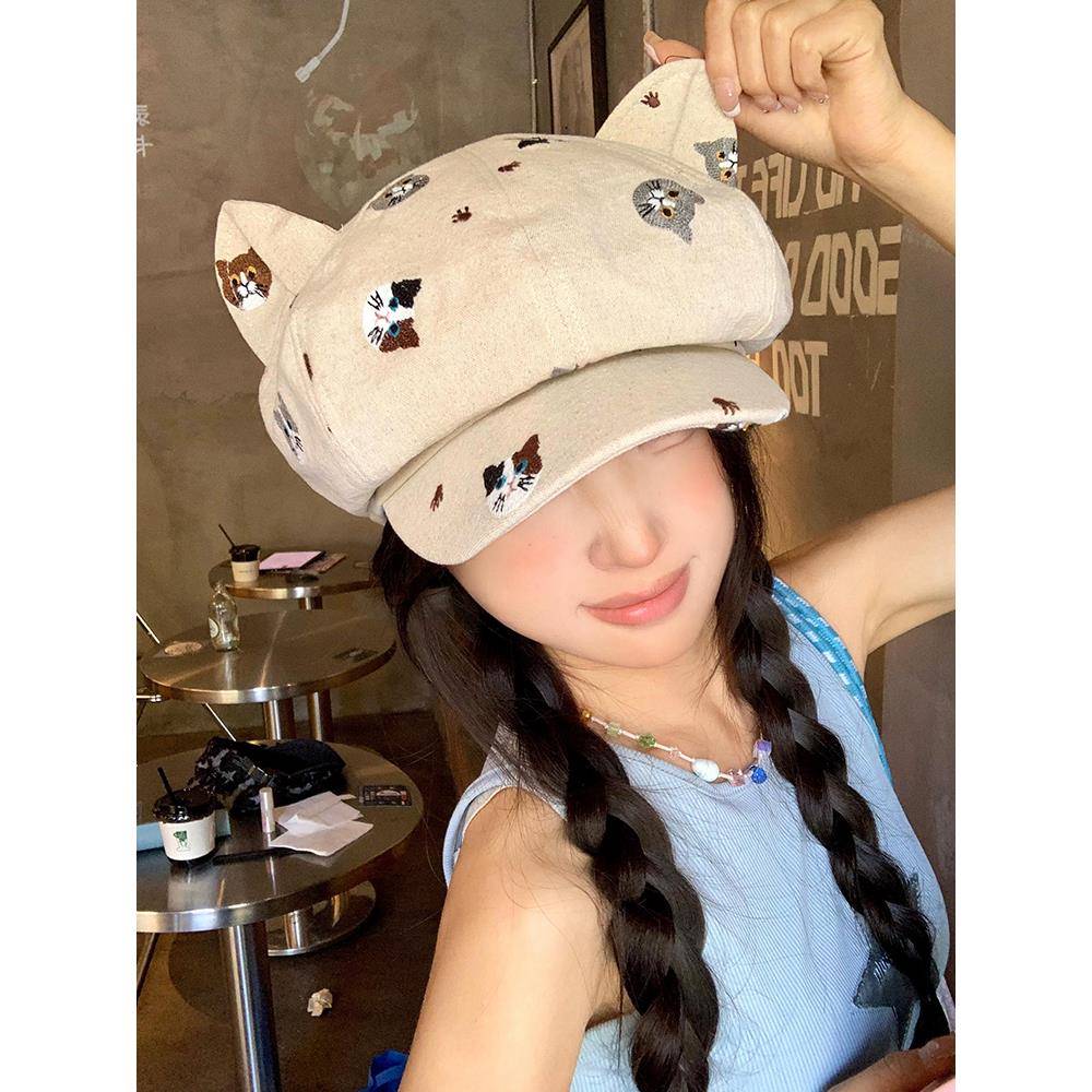 秋冬新款猫咪耳朵贝雷帽女款显脸小八角帽大头围画家帽0906z