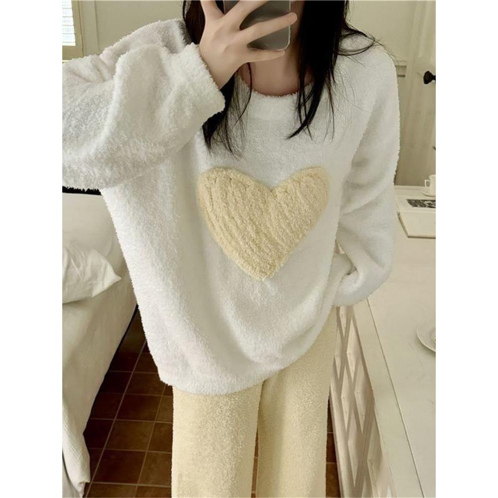 肥加大码珊瑚绒睡衣套装秋冬季甜美爱心保暖加厚可外穿家居1210k