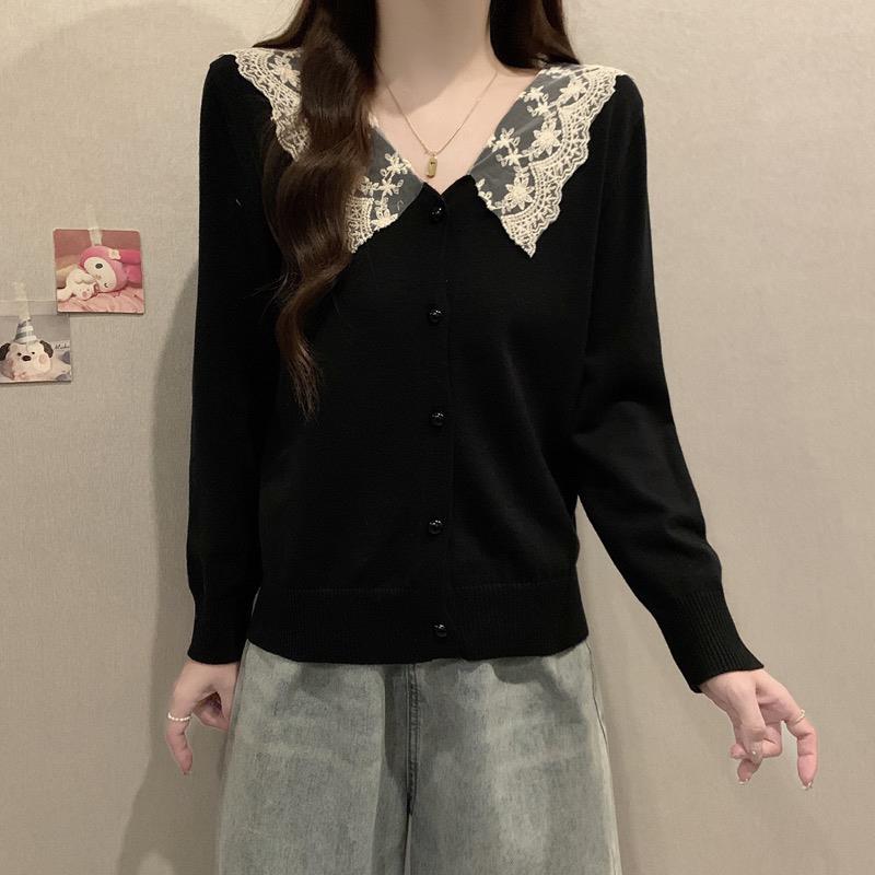 冬季通勤风长袖蕾丝开衫修身套头针织衫拼色减龄打底上衣季1014c