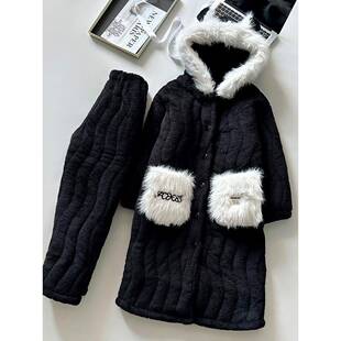 珊瑚绒睡衣女款冬季加厚加绒三层夹袄睡袍连帽保暖家居服套1111w