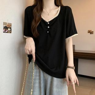 微胖mm显瘦遮肚百搭别0730z 大码 正肩V领锁骨短袖 t恤打底衫 女夏装