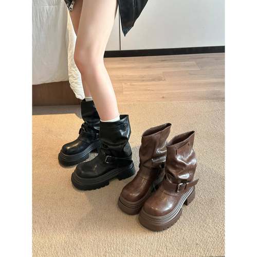 秋冬女时尚短靴棕色美拉德厚底2025季新款厚底增高堆堆短1219k