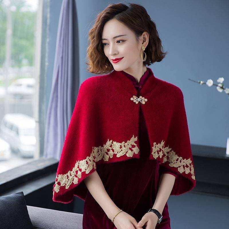 喜婆婆妈妈装婚宴旗袍披肩三角斗篷两用可穿婚礼配旗袍的小0918g