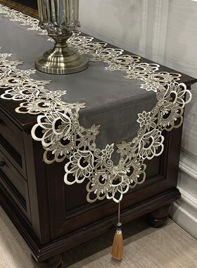 美式茶几电视柜桌布蕾丝布艺欧式梳妆台桌旗鞋柜长条防尘罩0610g