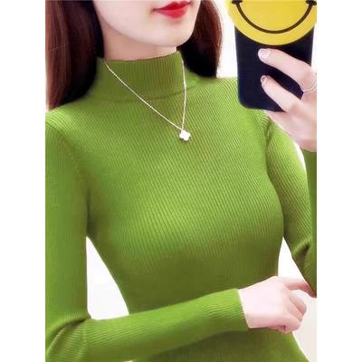 牛油果绿半高领针织打底衫女内搭秋冬修身显瘦加厚毛衣1025z