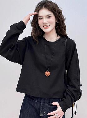 时尚洋气黑色短款卫衣秋新款休闲百搭长袖T恤上衣宽松0115k