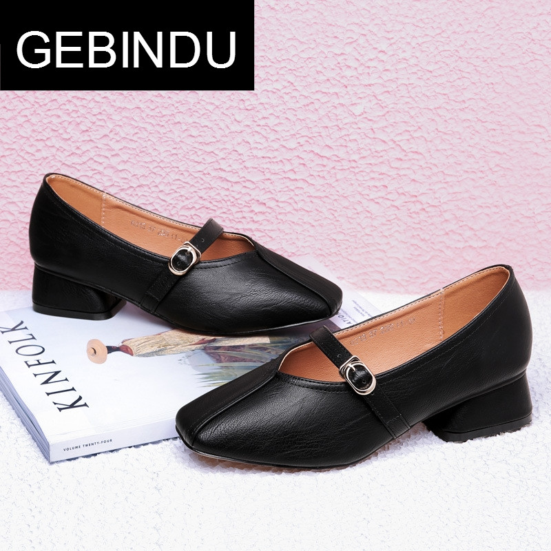 GEBINDU方根春季胖脚单鞋女式2018小矮跟百搭平头裸色方头皮鞋子