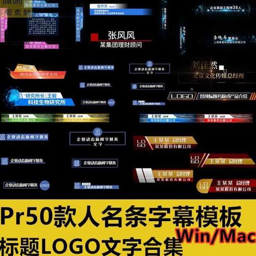 50款人名条字幕Pr模板标题logo视频动态文字人物介绍电视栏职位