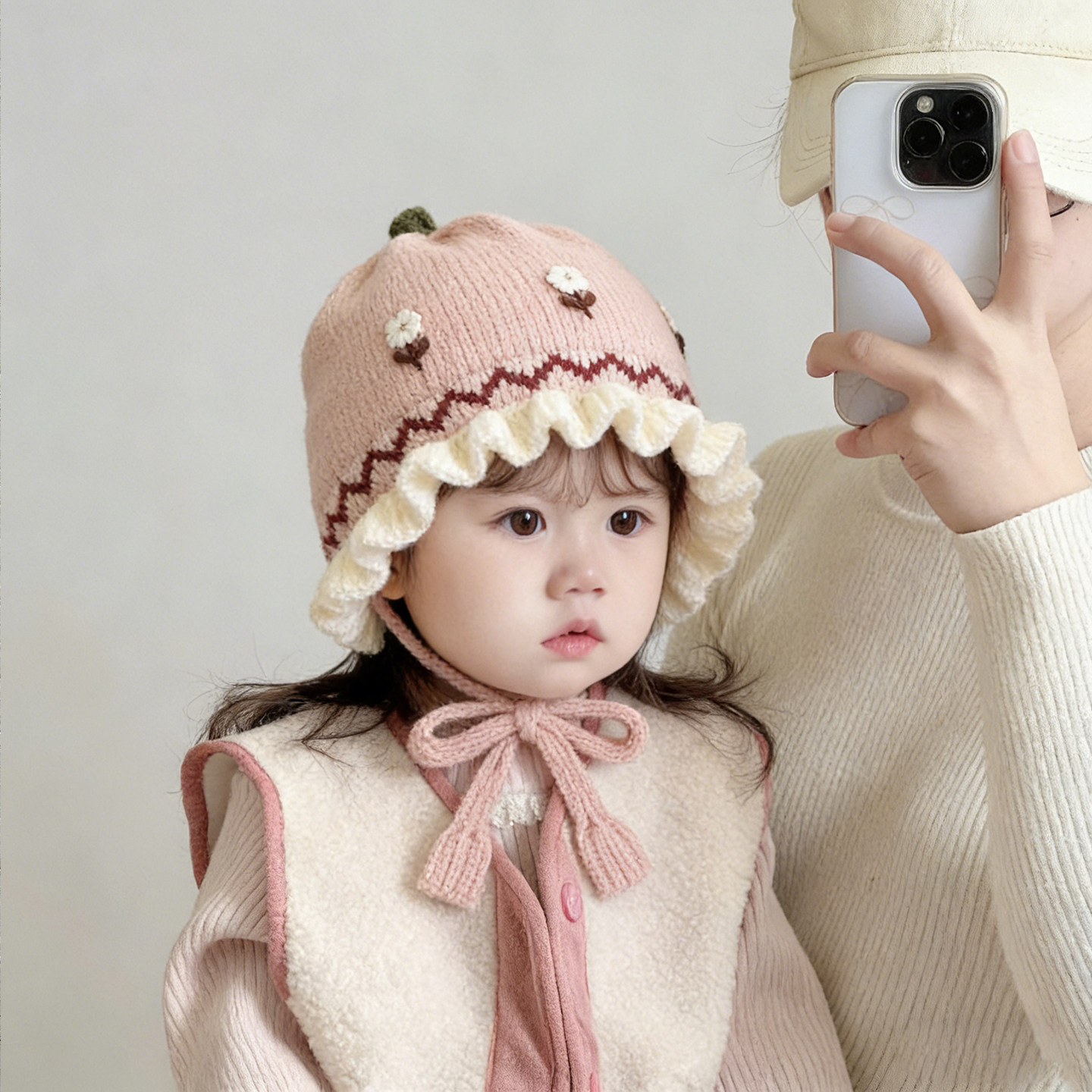 婴儿秋冬款帽子女宝宝可爱公主小月龄针织保暖春秋儿童护耳毛线帽