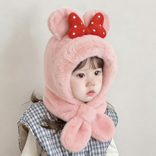宝宝毛绒帽子秋冬季围巾一体帽男女儿童加绒保暖护耳帽外出防风寒