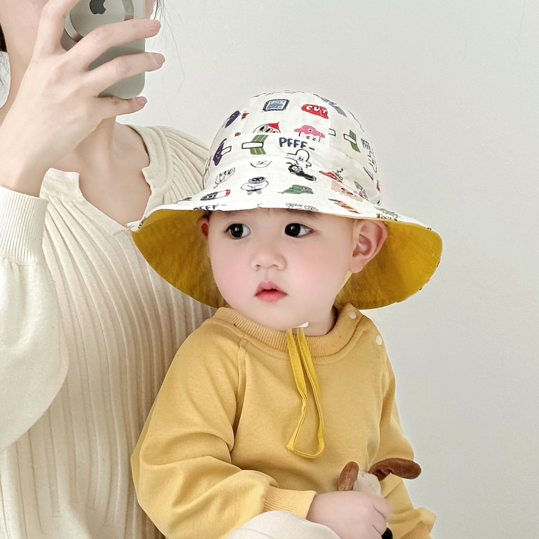 宝宝春秋夏季遮阳渔夫帽儿童户外纯棉透气防晒帽男女童双面戴盆帽