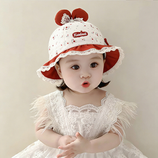婴幼儿帽子春秋薄款可调节蕾丝花边渔夫帽小月龄女宝宝防晒遮阳帽