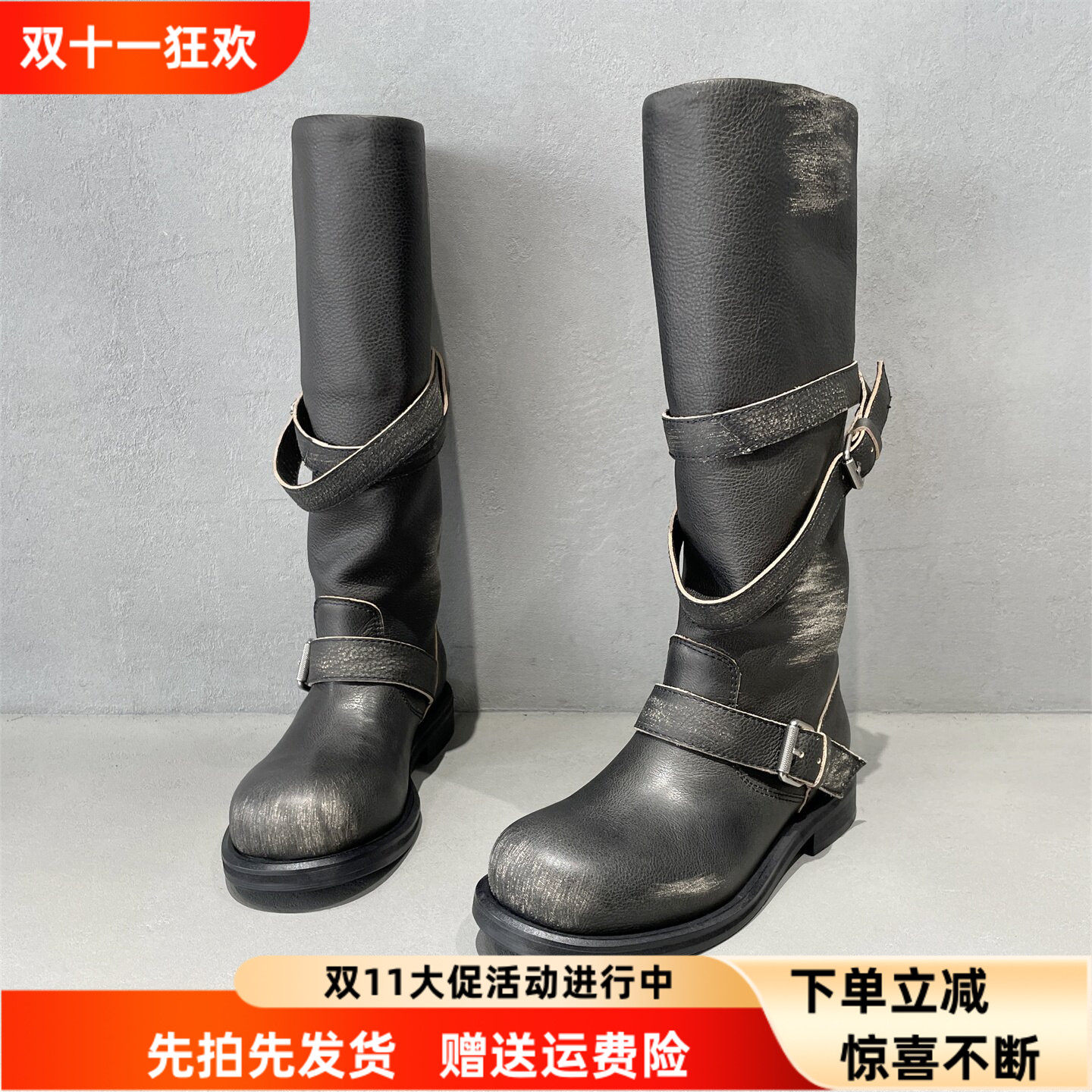 先峰名典秋款真皮骑士高筒靴