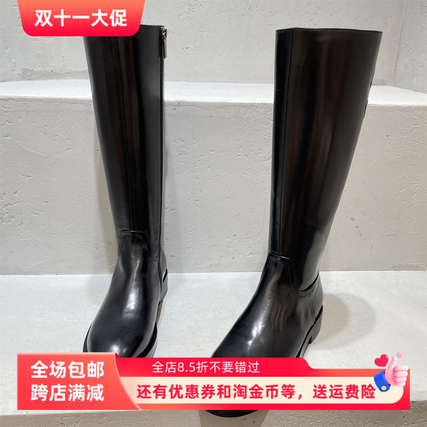 欧洲站2025秋款真皮女鞋百搭时尚胎牛皮侧拉链圆头低跟骑士高筒靴