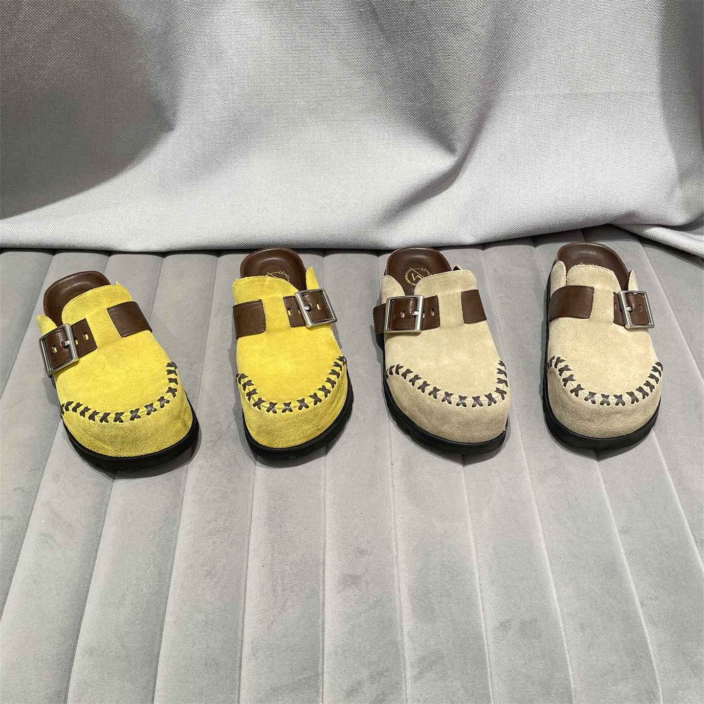 欧洲站2026春款真皮女鞋百搭新品复古磨砂皮拼色包头厚底勃肯拖鞋