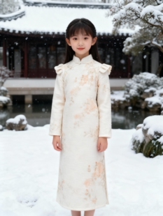 女童旗袍长款冬季新款2026新年装演出服日常连衣裙冬季拜年服香槟
