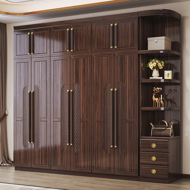 新中式乌金木实木衣柜大小户型家用卧室三四五六门储物收纳大衣橱
