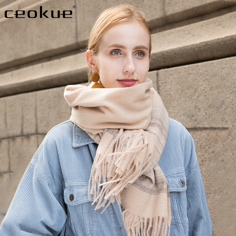 ceokue围巾女秋冬季韩版百搭英伦格子加厚羊毛保暖围脖长款披肩