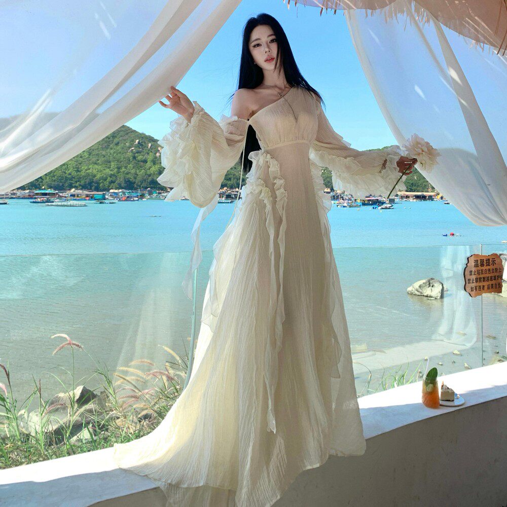 实拍度假链接章若楠同款法式露肩范连衣裙绝美收腰礼服旅游感长裙