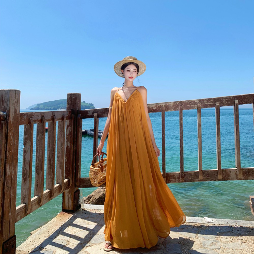 实拍缦纱垂漾法式连衣裙女夏时尚吊带裙大裙摆海边度假沙滩长裙