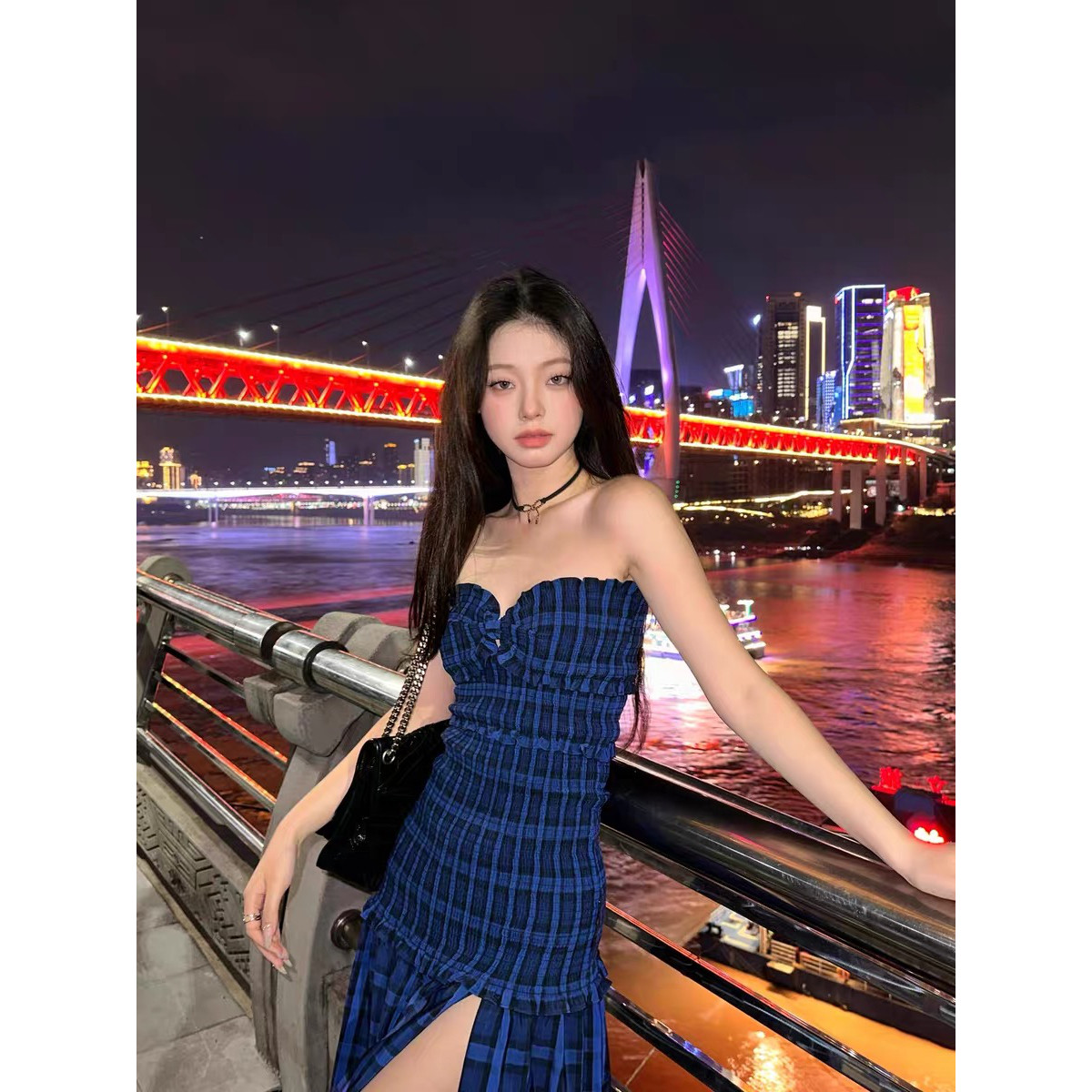 韩风抹胸性感辣妹风演唱会裙子纯欲风开叉连衣裙格子裙长裙