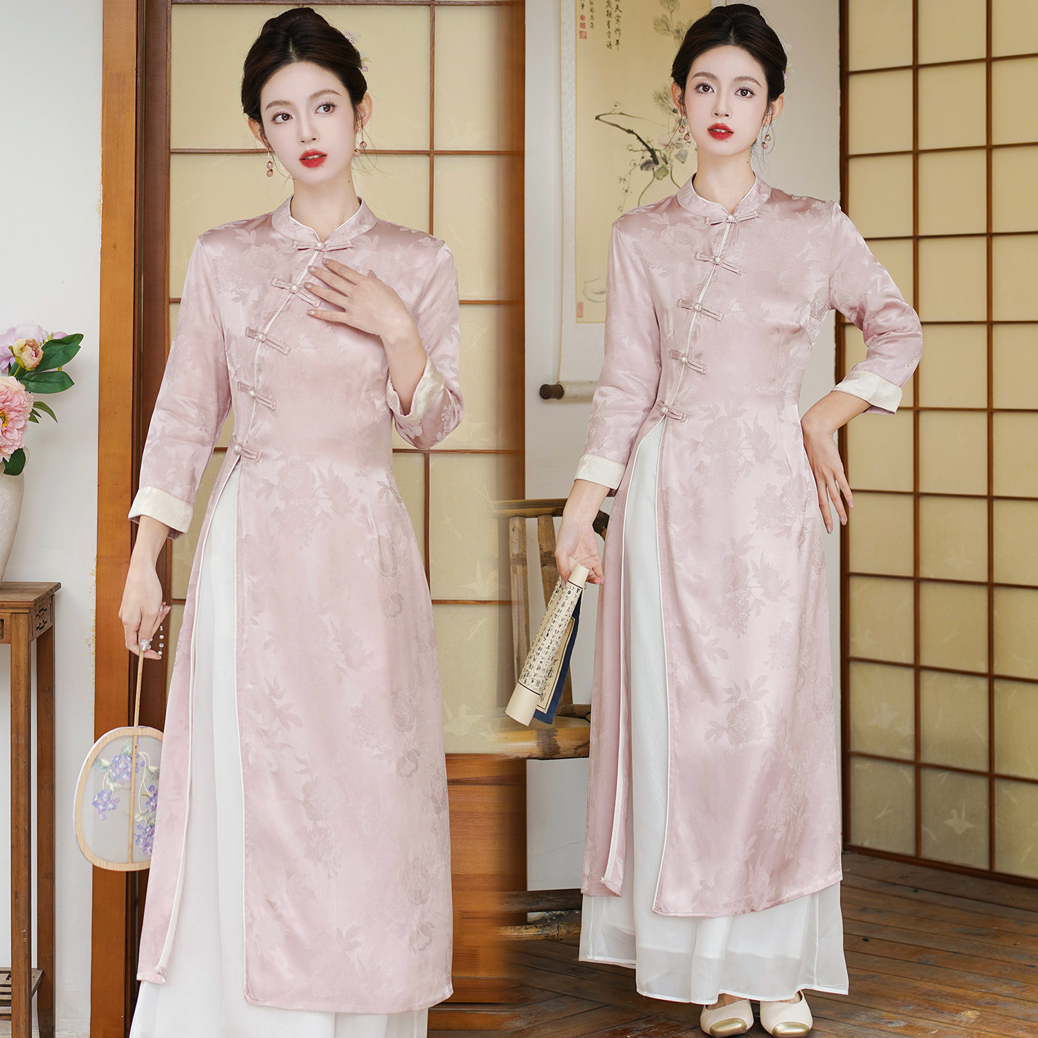 2025春装新品气质盘扣连衣裙套装人丝富贵花提花立领茶服套装禅意