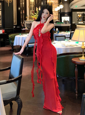 实拍红色年会裙圣诞节情人节约会裙性感长裙生日party小礼服