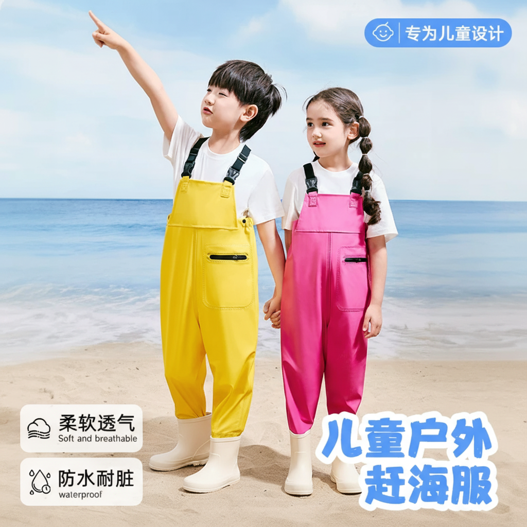 儿童赶海服幼儿园玩水装备连体下水裤沙滩衣带雨鞋套装户外防水服