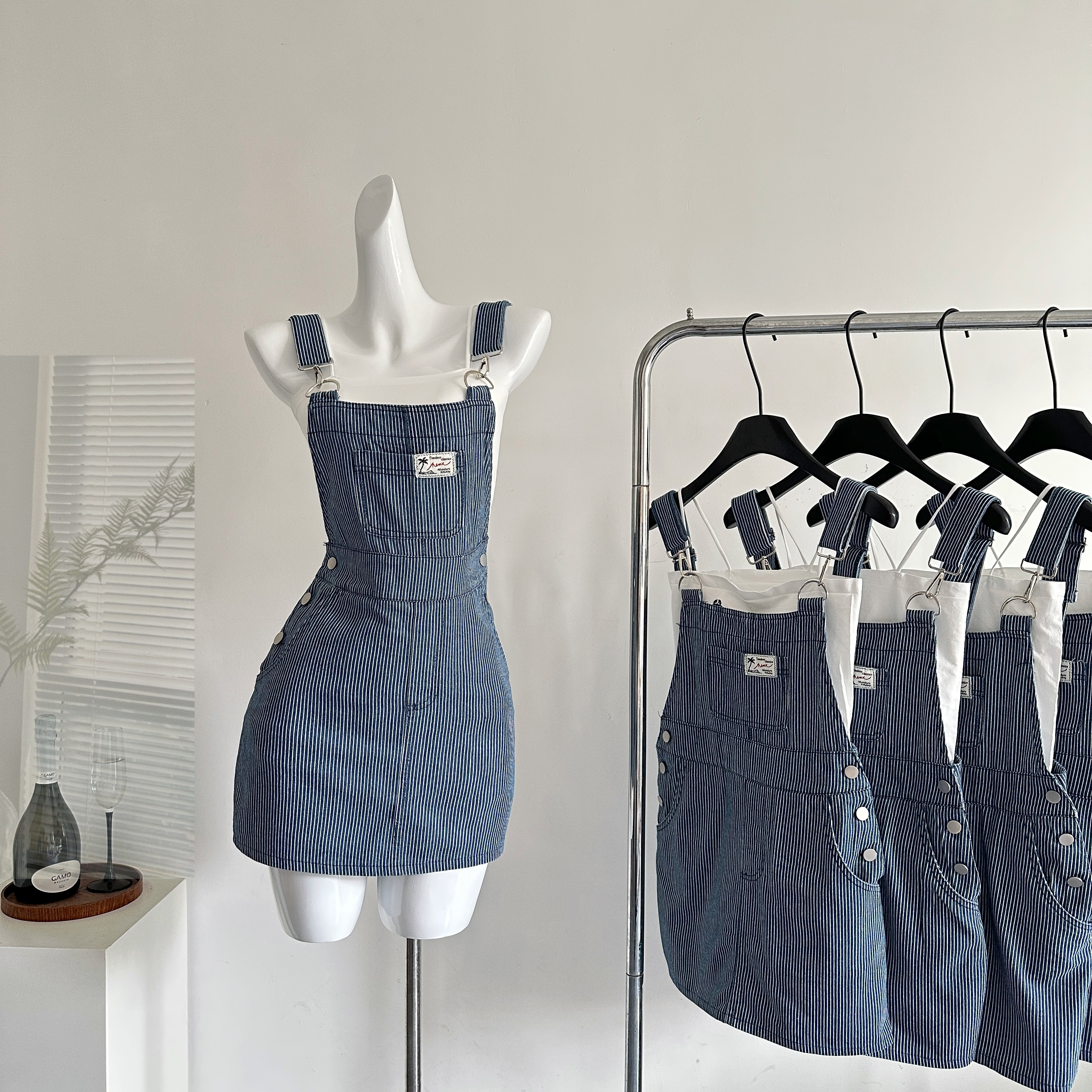 JMSHOP 半岛美学 条纹背带裙裤女设计感小个子春夏学院风连衣裙