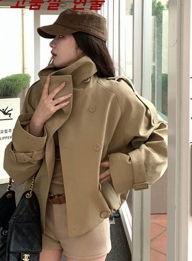 TooToo英伦风立领短款风衣女秋季法式复古双排扣宽松休闲外套上衣