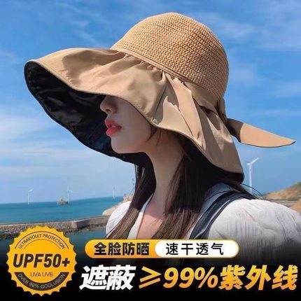 户外蝴蝶结镂空女士夏季凉帽新款防晒洋气时尚遮全脸大帽檐