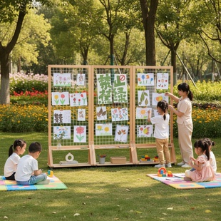 网格展示架实木可移动折叠幼儿园手工作品字画置物架展览宣传架