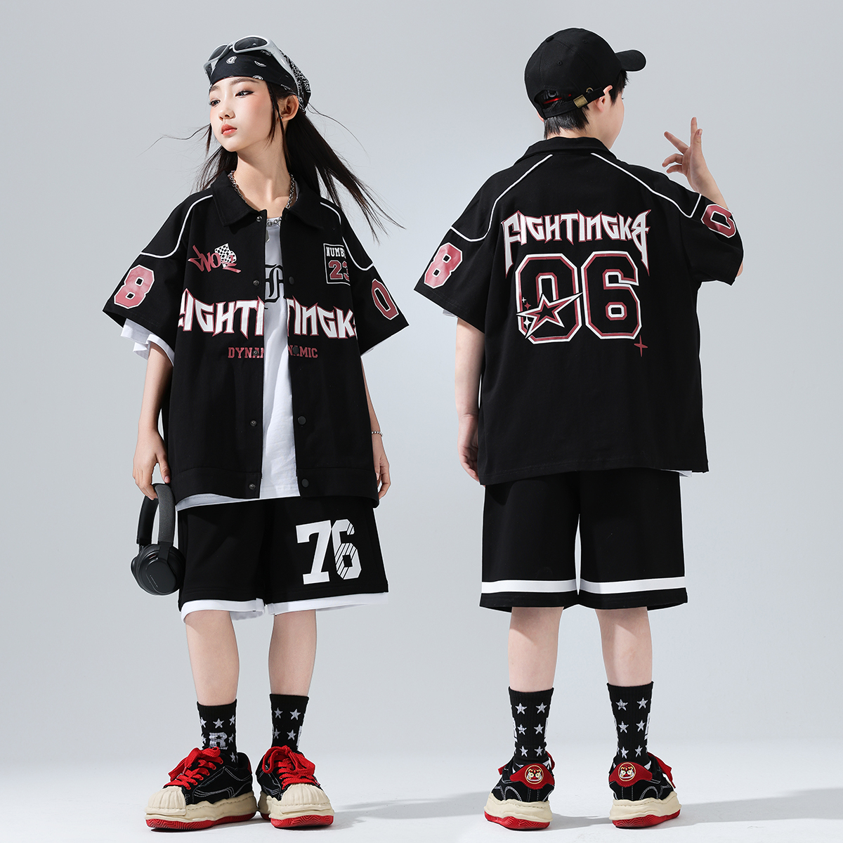 迷彩豆豆男女童嘻哈街舞演出服潮