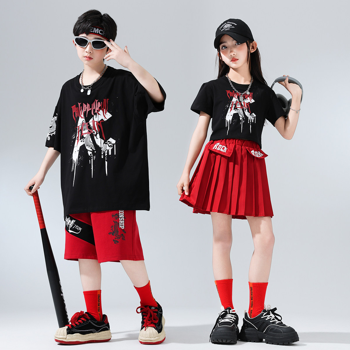 儿童街舞潮服女童爵士舞套装少儿架子鼓表演服男童个性嘻哈演出服