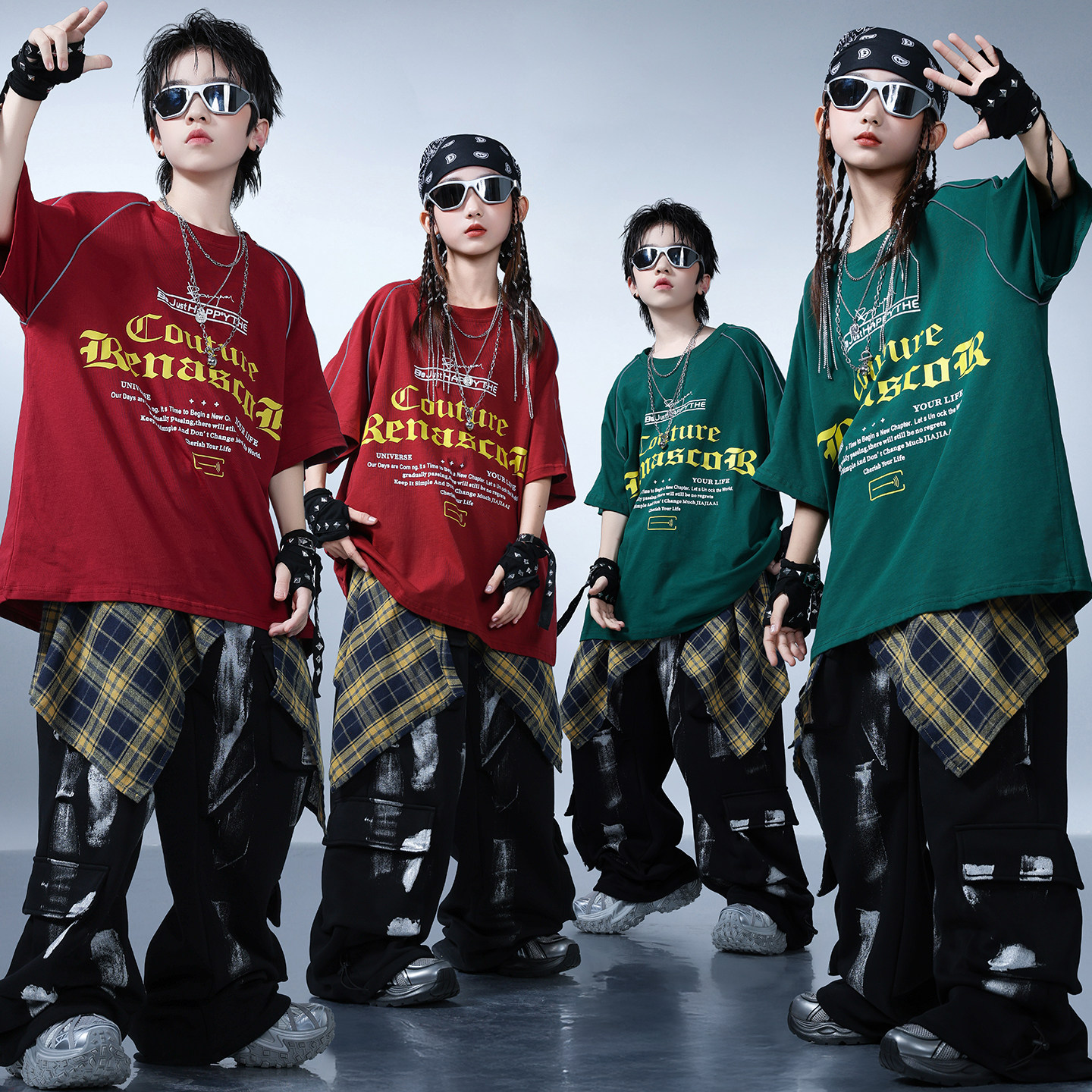 儿童街舞套装春夏季少儿嘻哈潮牌个性体恤男女童酷帅架子鼓演出服