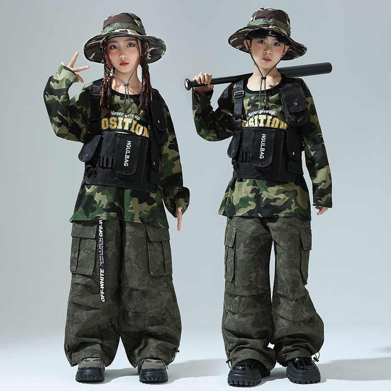 儿童迷彩服少儿嘻哈潮酷马甲套装个性架子鼓服装男女童街舞演出服