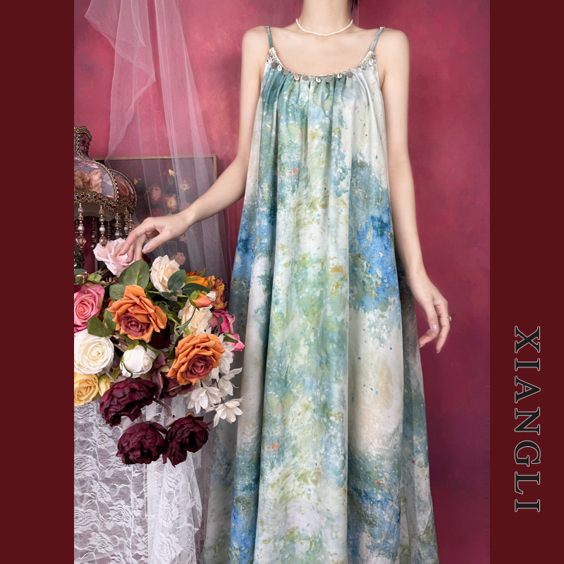 法式绿色油画宽松慵懒吊带沙滩裙