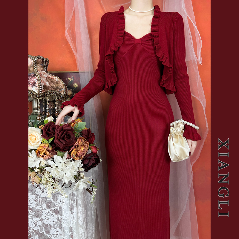 法式复古港风针织打底裙两件套装